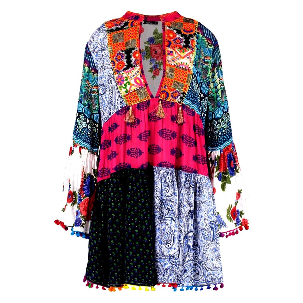 Anandas Patchwork Print Tassel Detail Smock Mini … - image 1